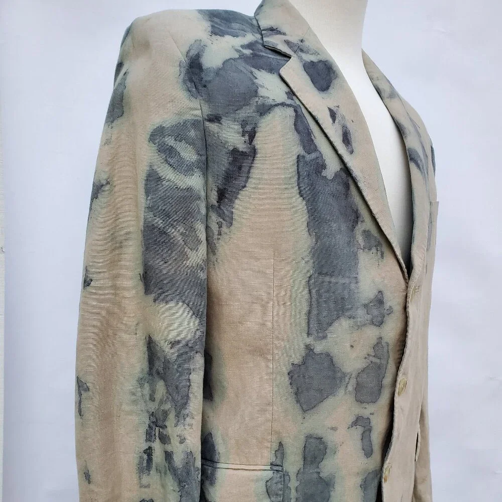 NEW linen Blazer tie dyed gray tan khaki green beige med large camo cowboy 40 42